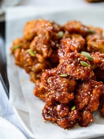 Korean fried chicken nuggets in a sweet and savory sauce