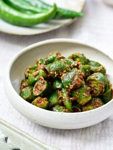 Korean green chili peppers seasoned with a doenjang sauce in a small plate