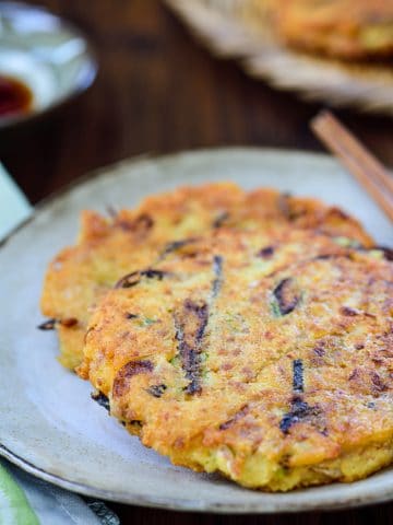 Korean mung bean pancake served with a dipping sauce