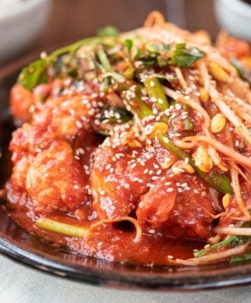 red spicy braised monkfish with soybean sprouts