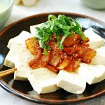 Kimchi strir fried with pork and served with tofu