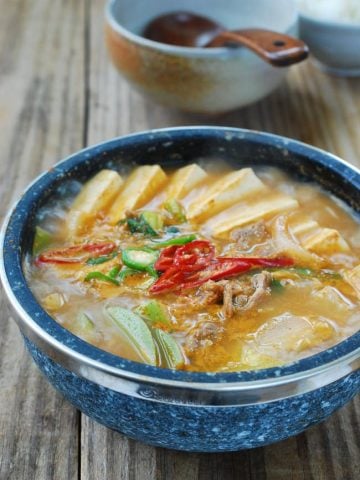 Beef Doenjang Jjigae in a stoneware