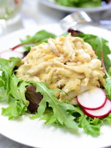 Korean Chicken Salad on a bed of spring mix with red radish slices